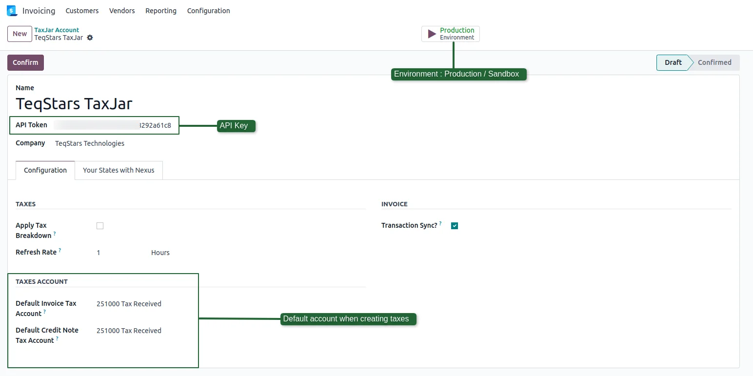 The TaxJar account form in Odoo with the token, tax breakdown option and refresh rate settings