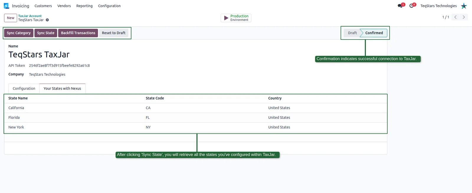 Nexus states imported from TaxJar and listed on the confirmed TaxJar account in Odoo