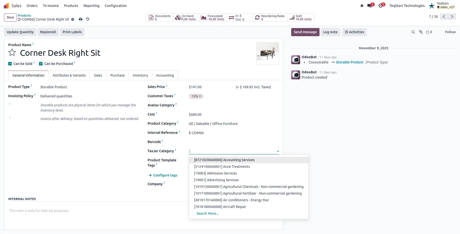 A product form in Odoo with its TaxJar product tax category selected