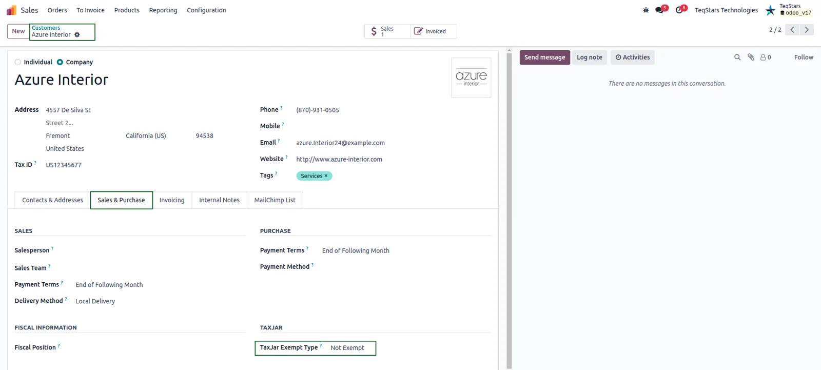 The TaxJar exemption type field on a customer contact in Odoo