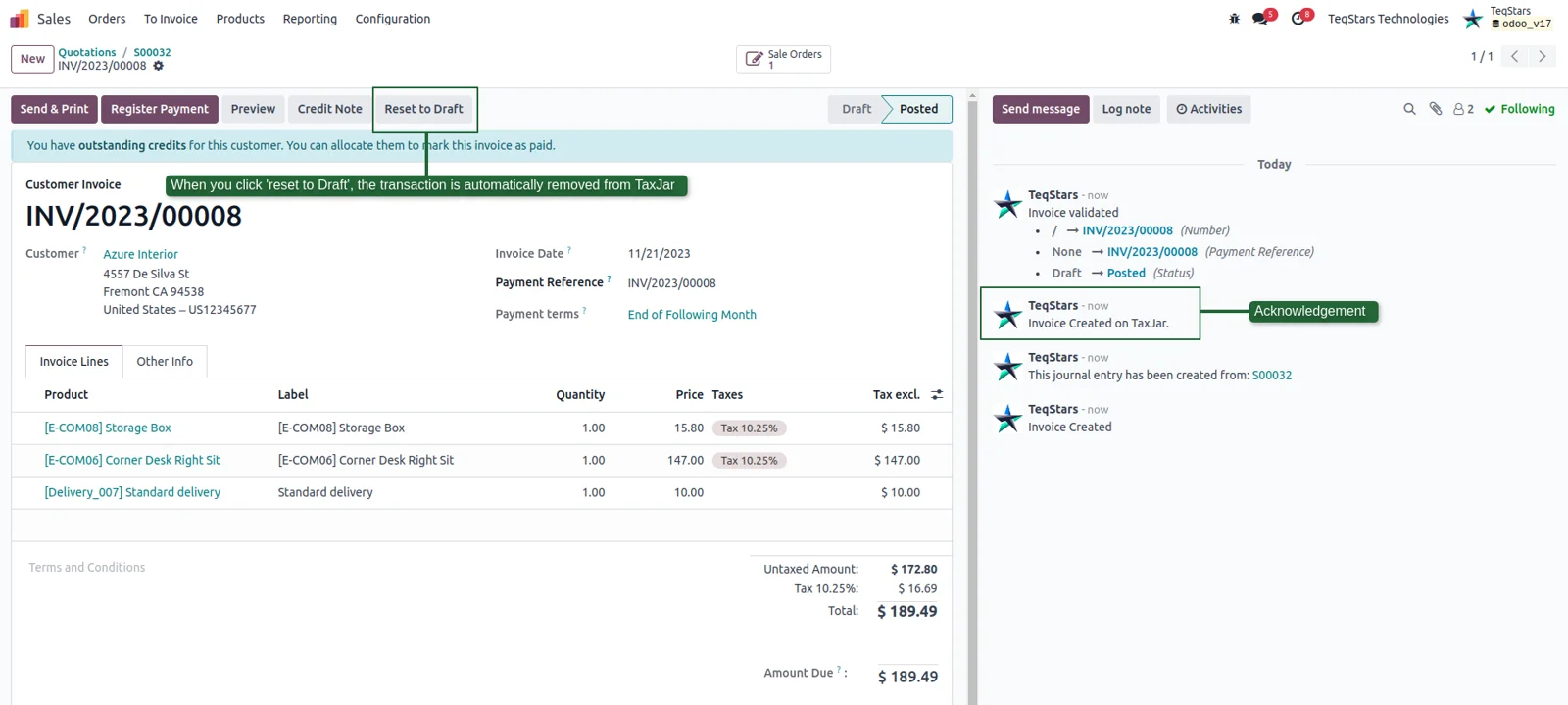 A validated customer invoice in Odoo with the note confirming it was sent to TaxJar