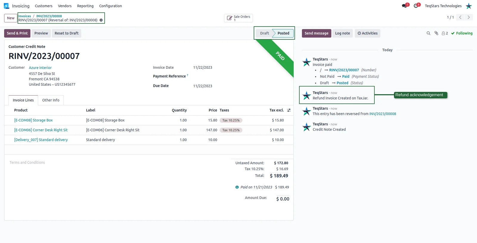 A credit note in Odoo that was recorded in TaxJar as a refund transaction