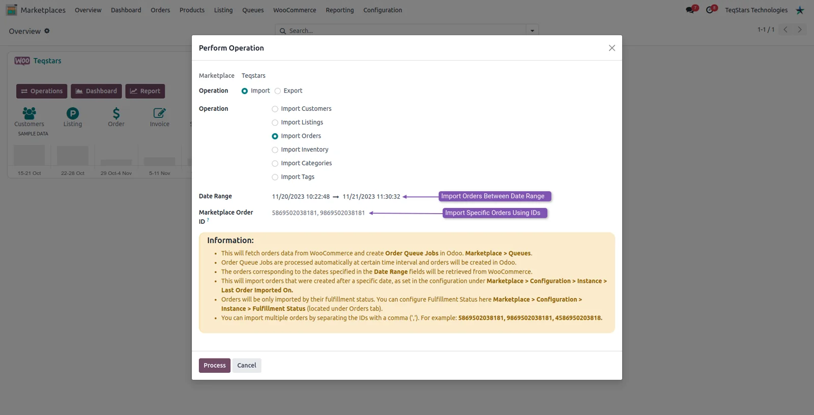 The Odoo import orders screen for WooCommerce, with date range and order ID options