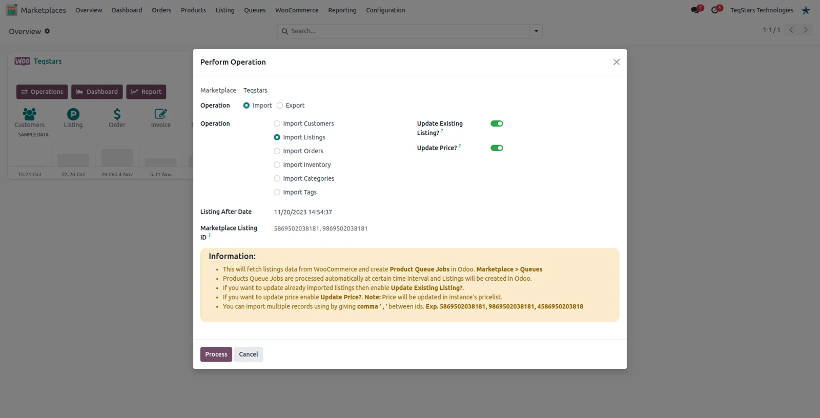 The Odoo operations wizard listing WooCommerce import options such as listings, orders and inventory