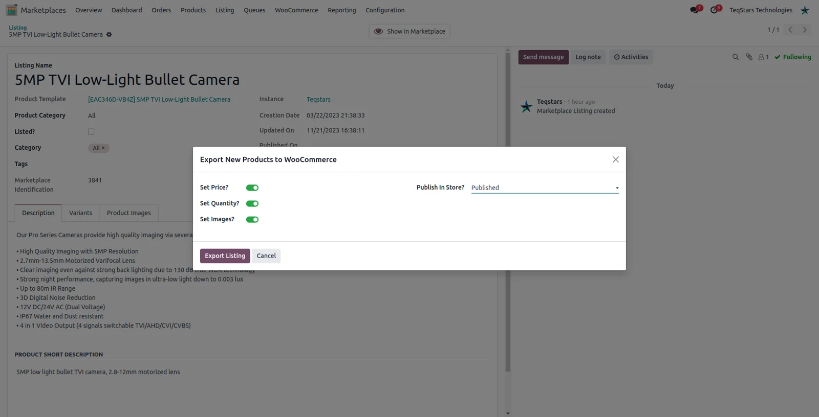The Odoo export wizard sending WooCommerce listings with price, inventory, image and publish options