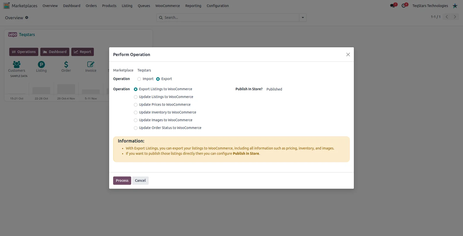 The Odoo export operations screen for WooCommerce inventory, price and listing updates