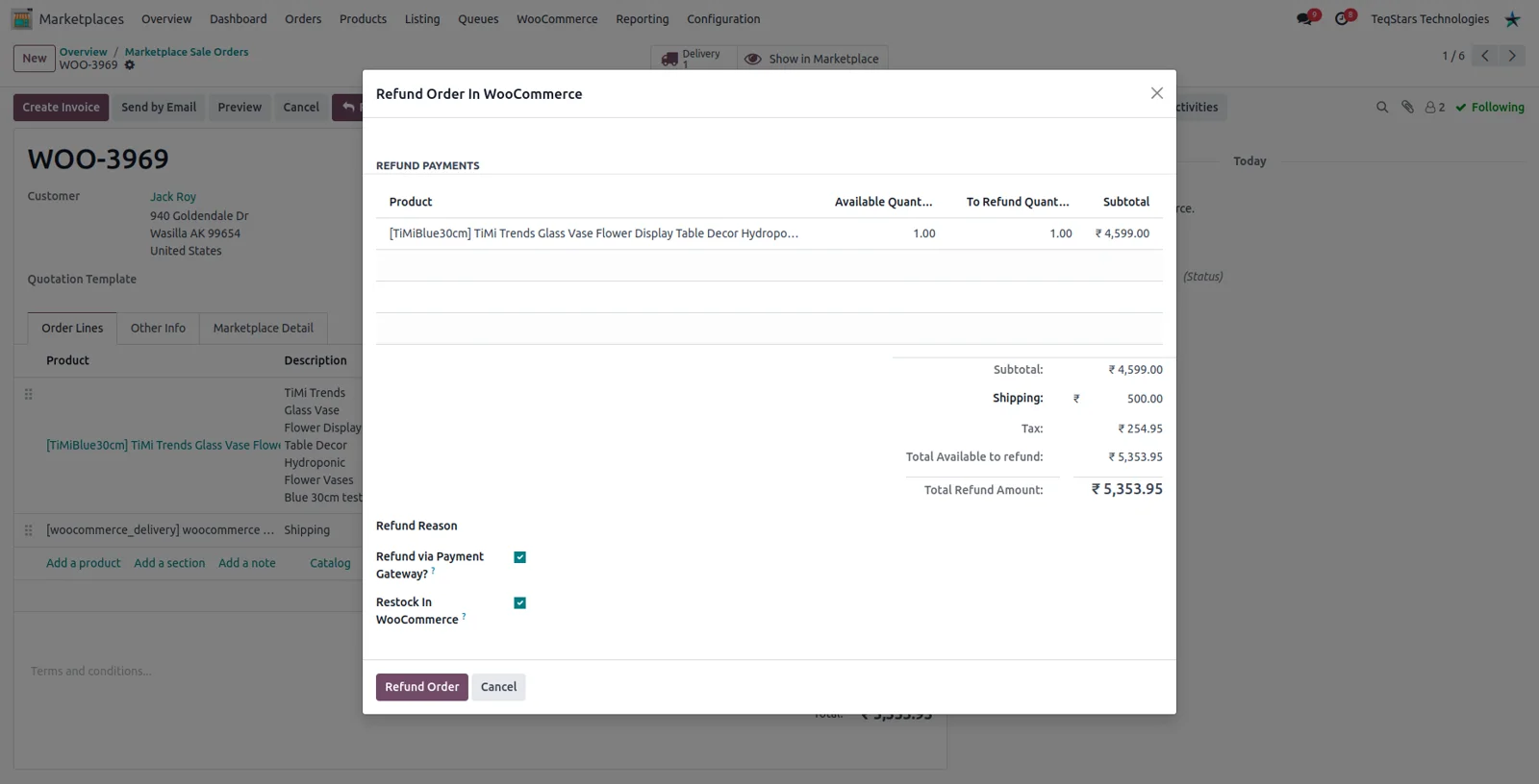 The Odoo refund screen for a WooCommerce order, with per-line quantities and restock options