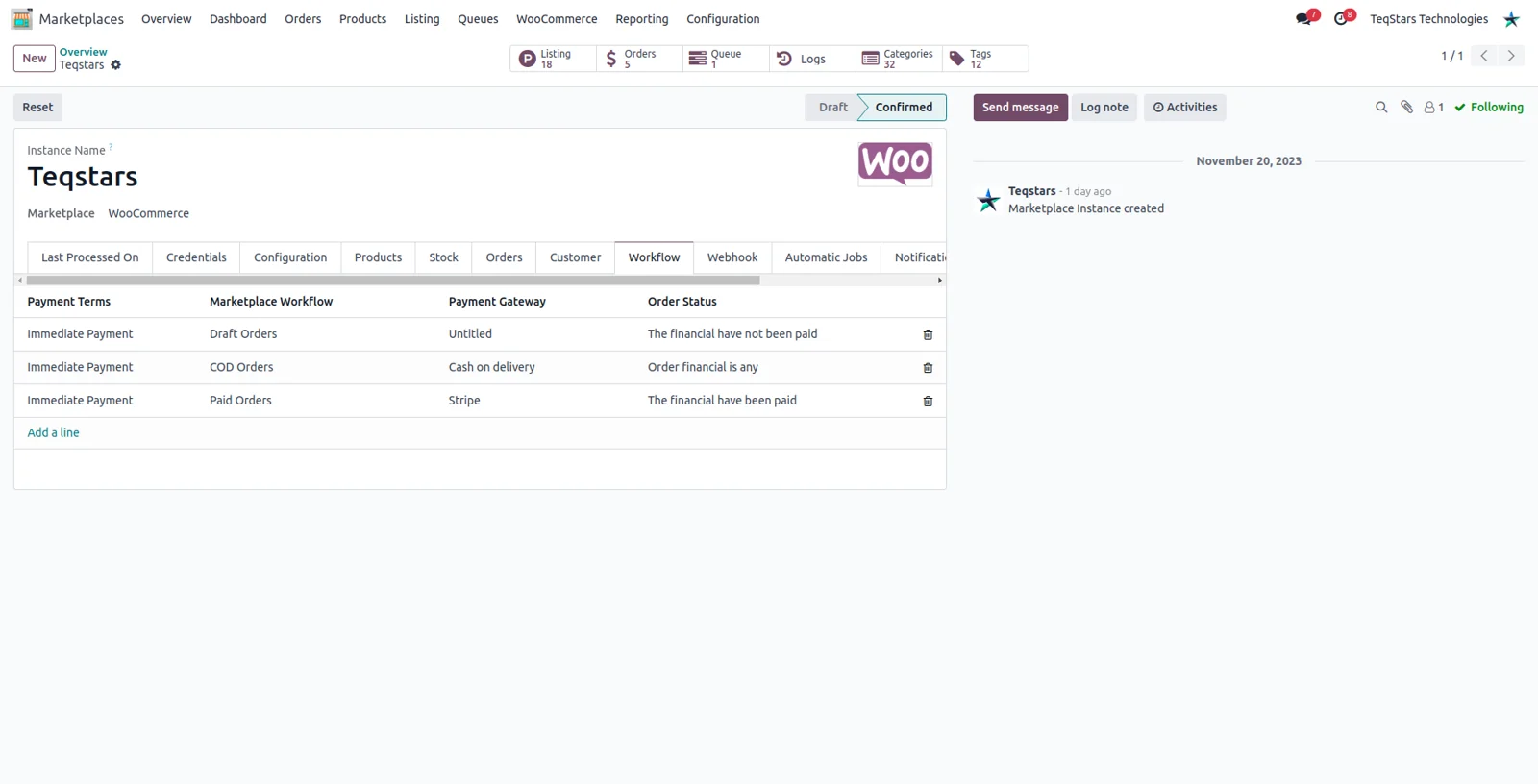 Odoo order workflow rows matching WooCommerce payment gateways and financial statuses