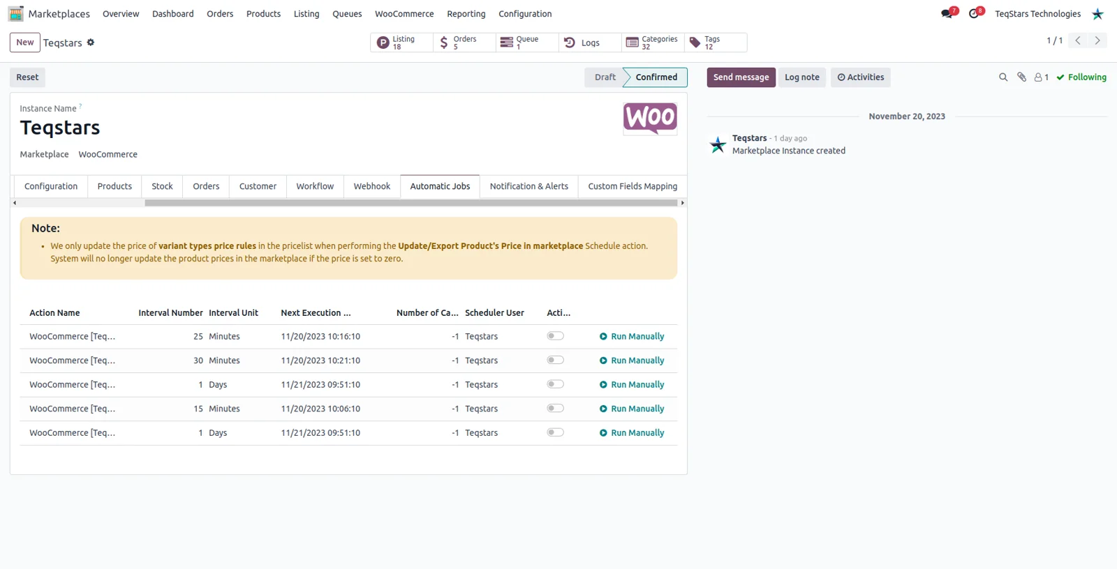 The automatic jobs tab in Odoo with intervals for WooCommerce order, stock and price syncs