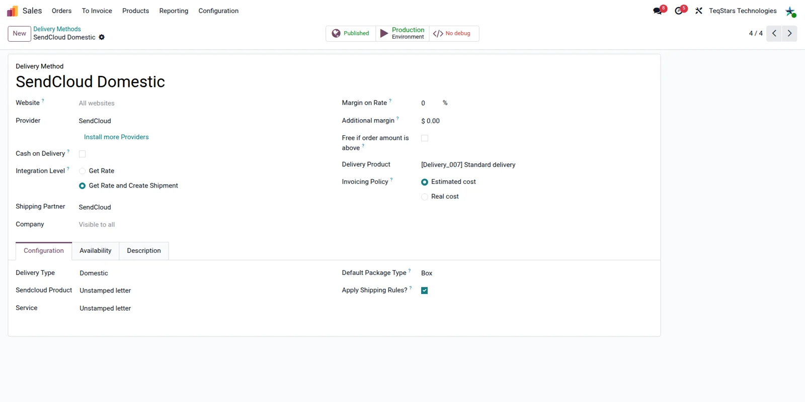 Odoo delivery method form for SendCloud showing the service and shipping options for that method