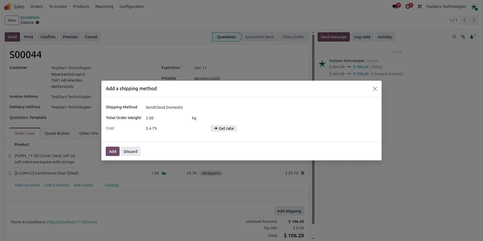 Odoo sales order with a SendCloud delivery method selected and the shipping charge line added