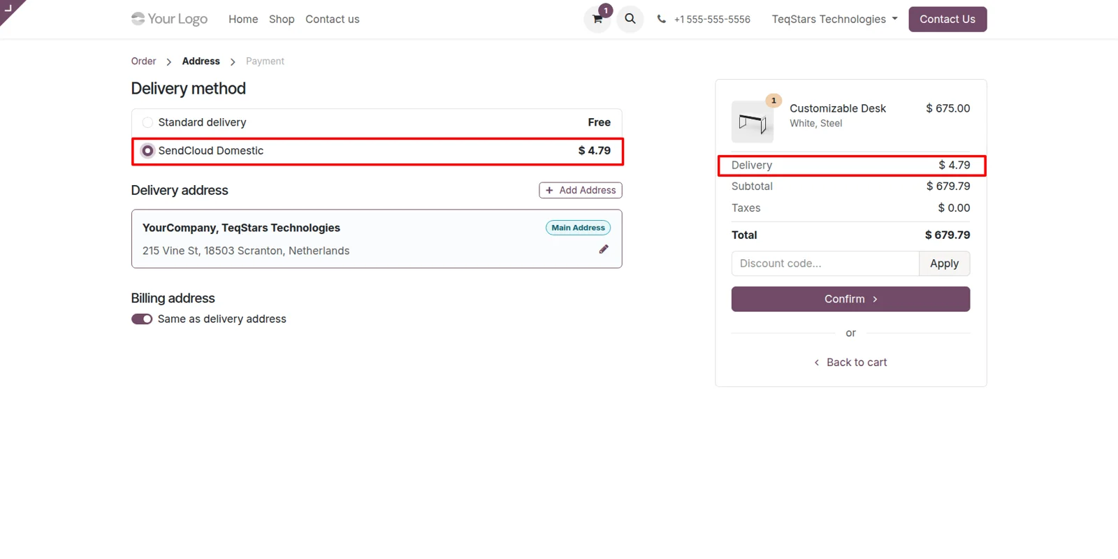 Odoo website checkout offering SendCloud delivery methods with their shipping charges