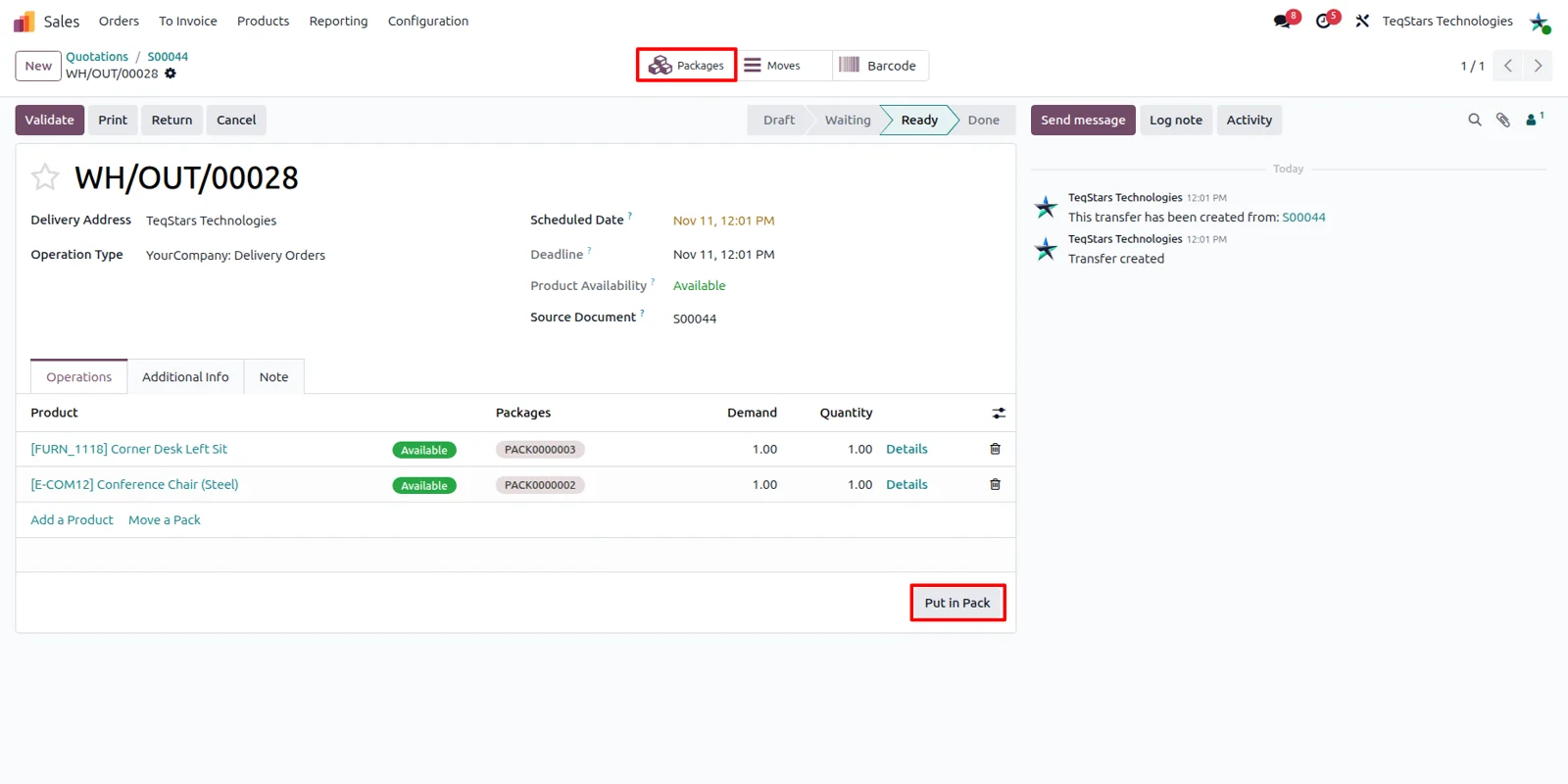 Put in Pack operation in an Odoo delivery order, building several packages for one SendCloud shipment