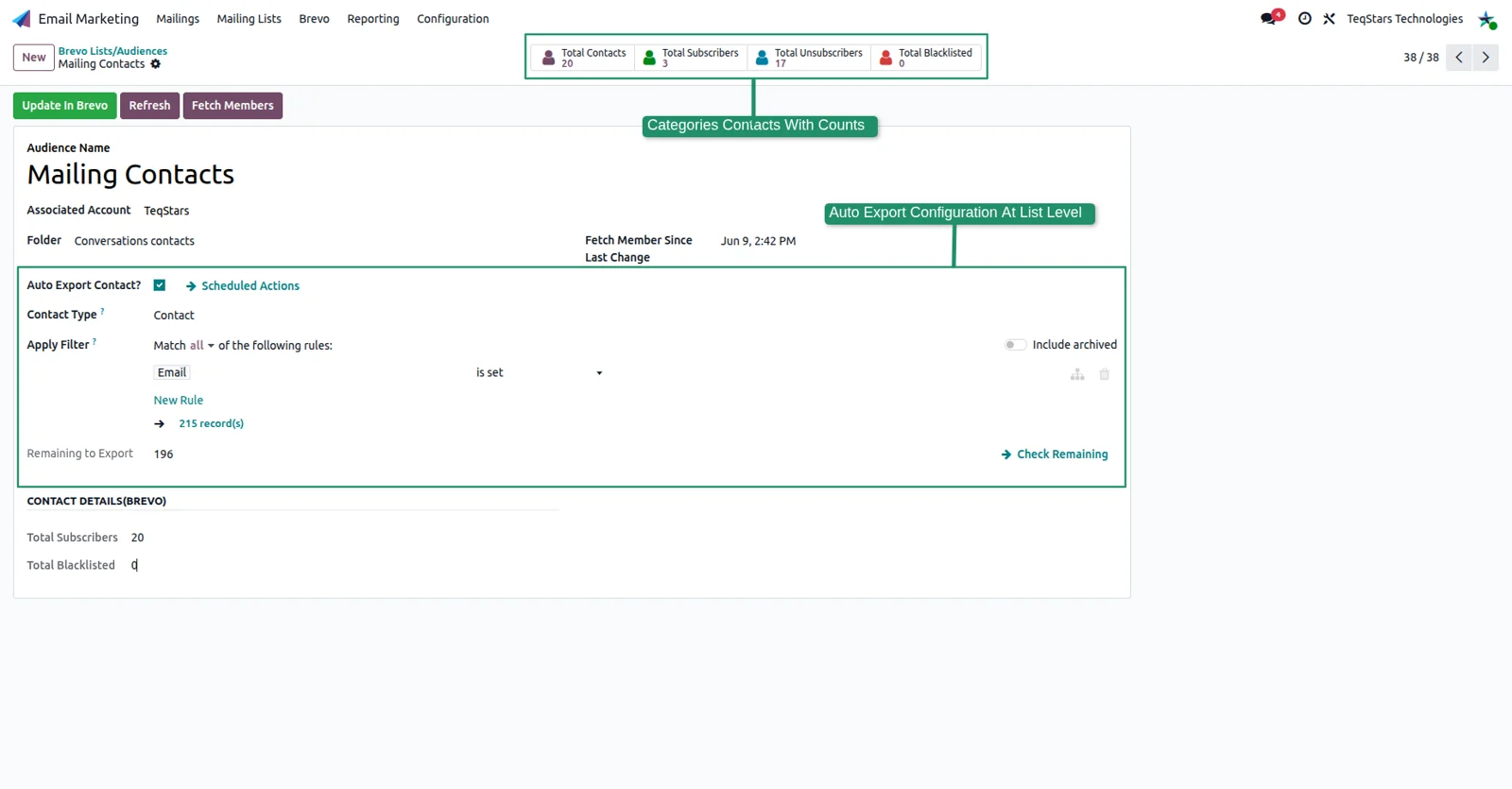 Odoo list form from the Brevo Connector with folder, sync buttons and subscriber counts