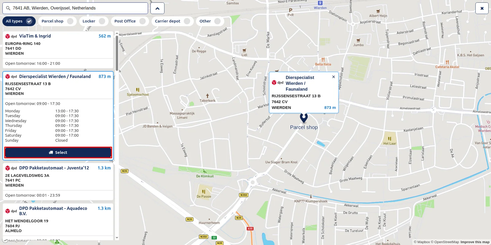 Pick-up point list in an Odoo delivery order used to choose a SendCloud service point