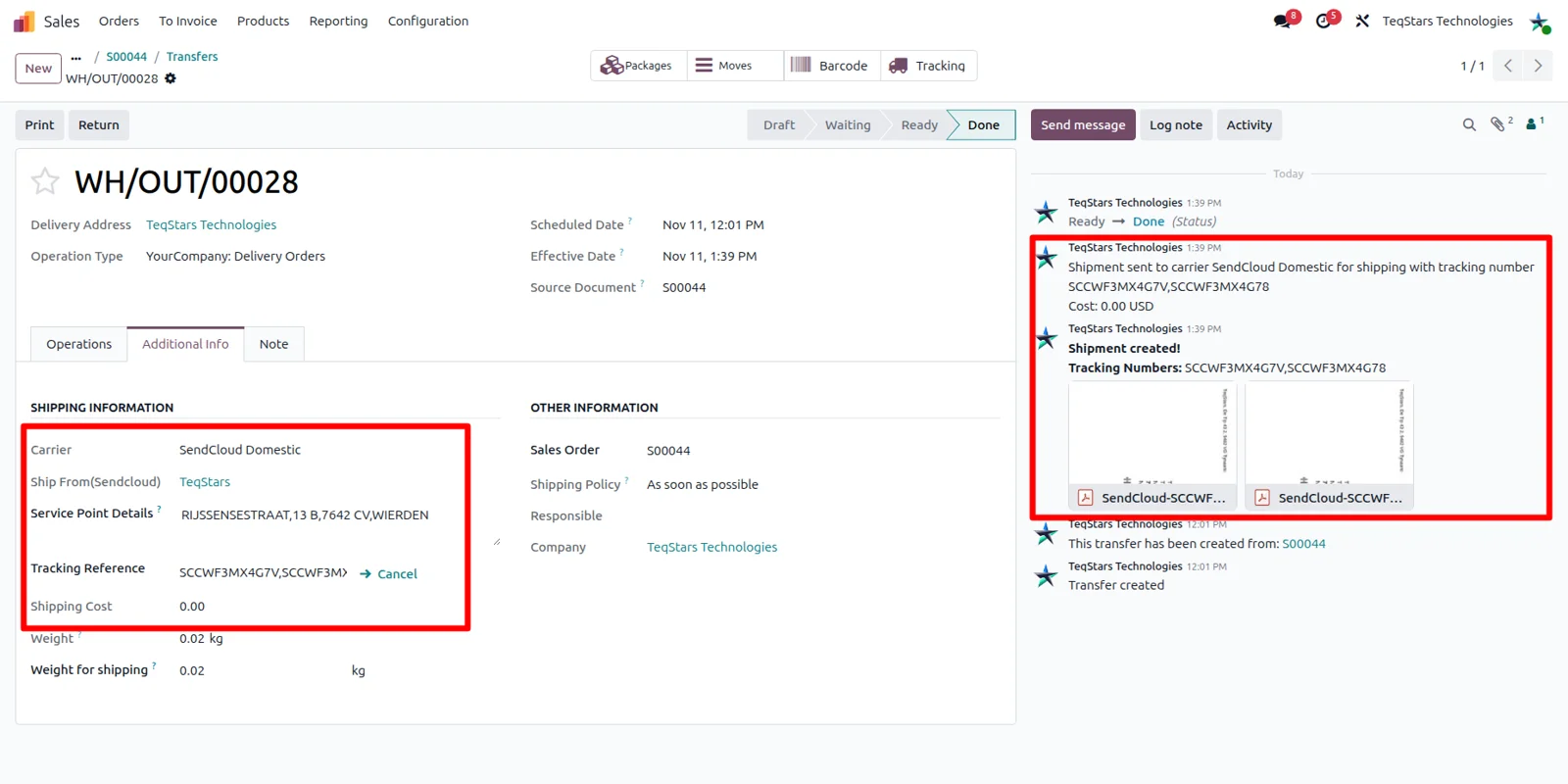 Validated Odoo delivery order showing the SendCloud shipping label and tracking information
