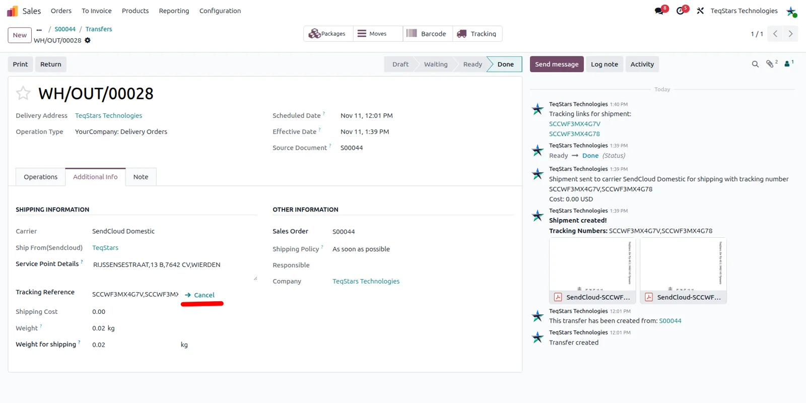 Cancel shipment action on an Odoo delivery order that sends the cancellation to SendCloud