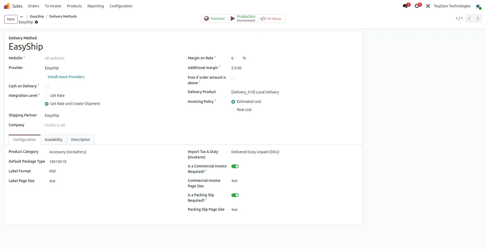 Odoo delivery method form for Easyship, with domestic and international shipping options being configured
