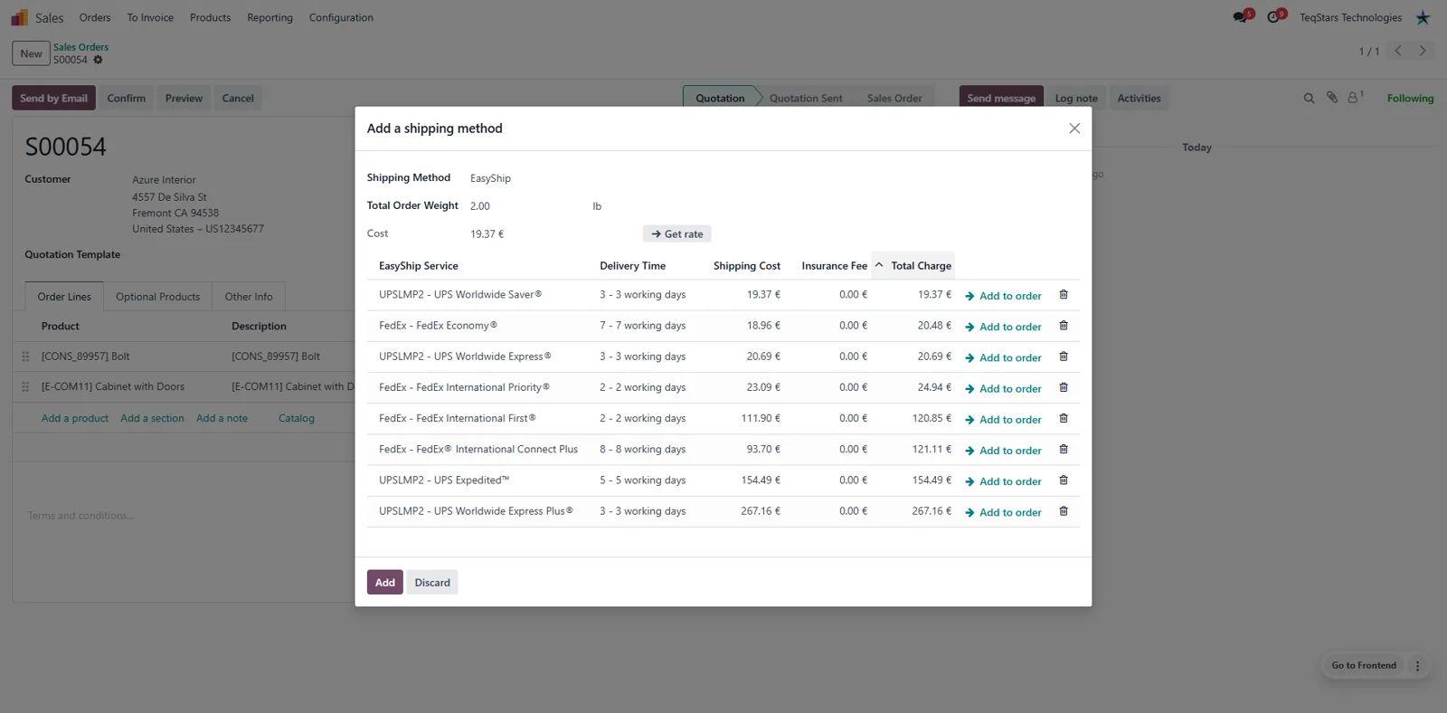 Odoo sales order showing a list of Easyship carrier services and rates to choose from