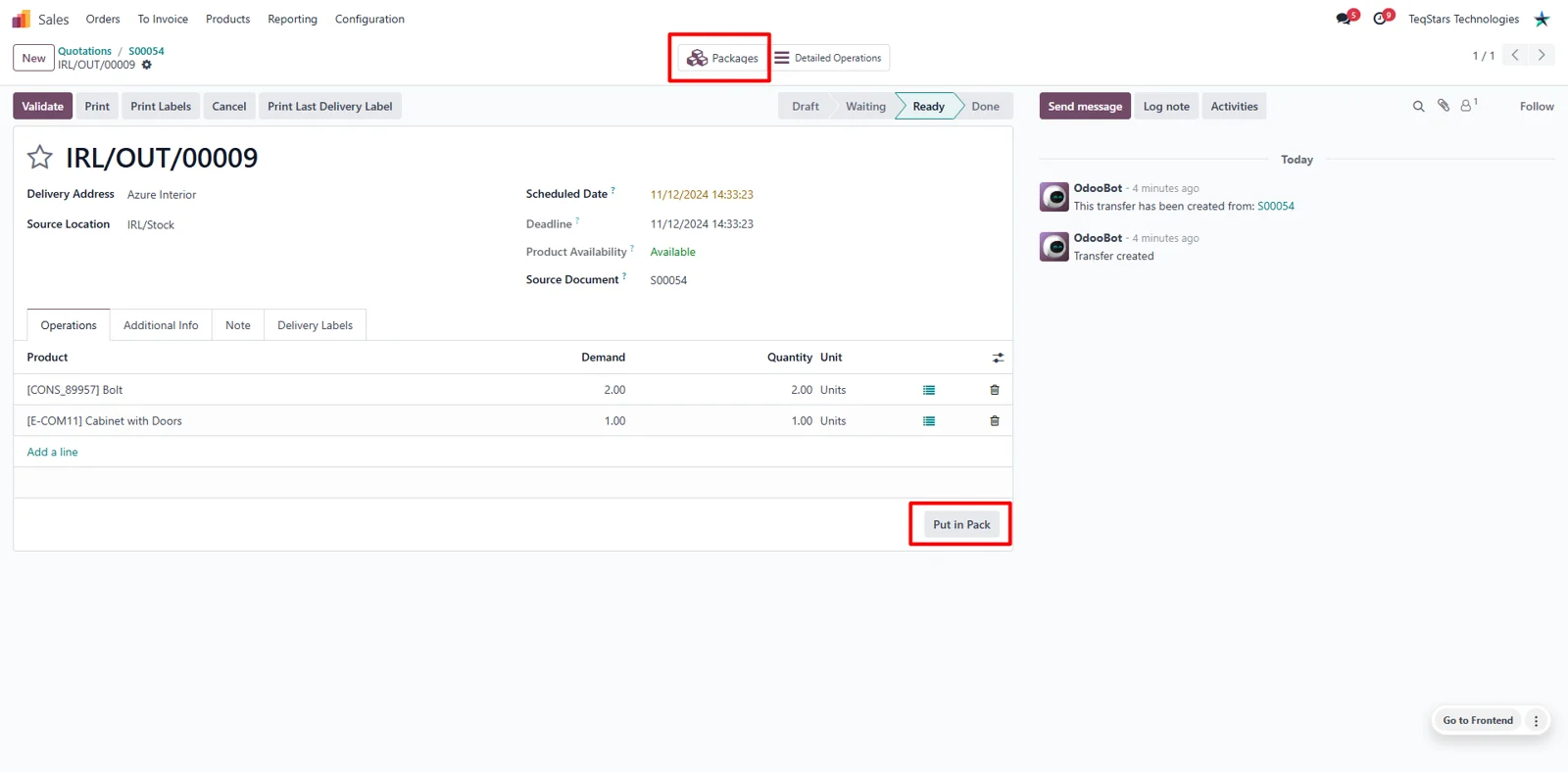 Odoo delivery order using Put in Pack to set up multiple packages for an Easyship shipment