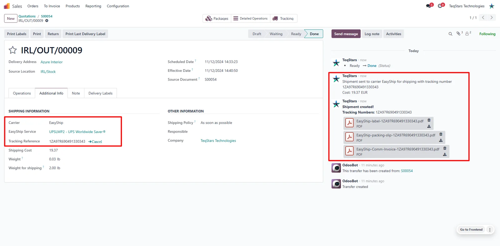 Odoo delivery order with the Easyship tracking number and generated shipping label attached