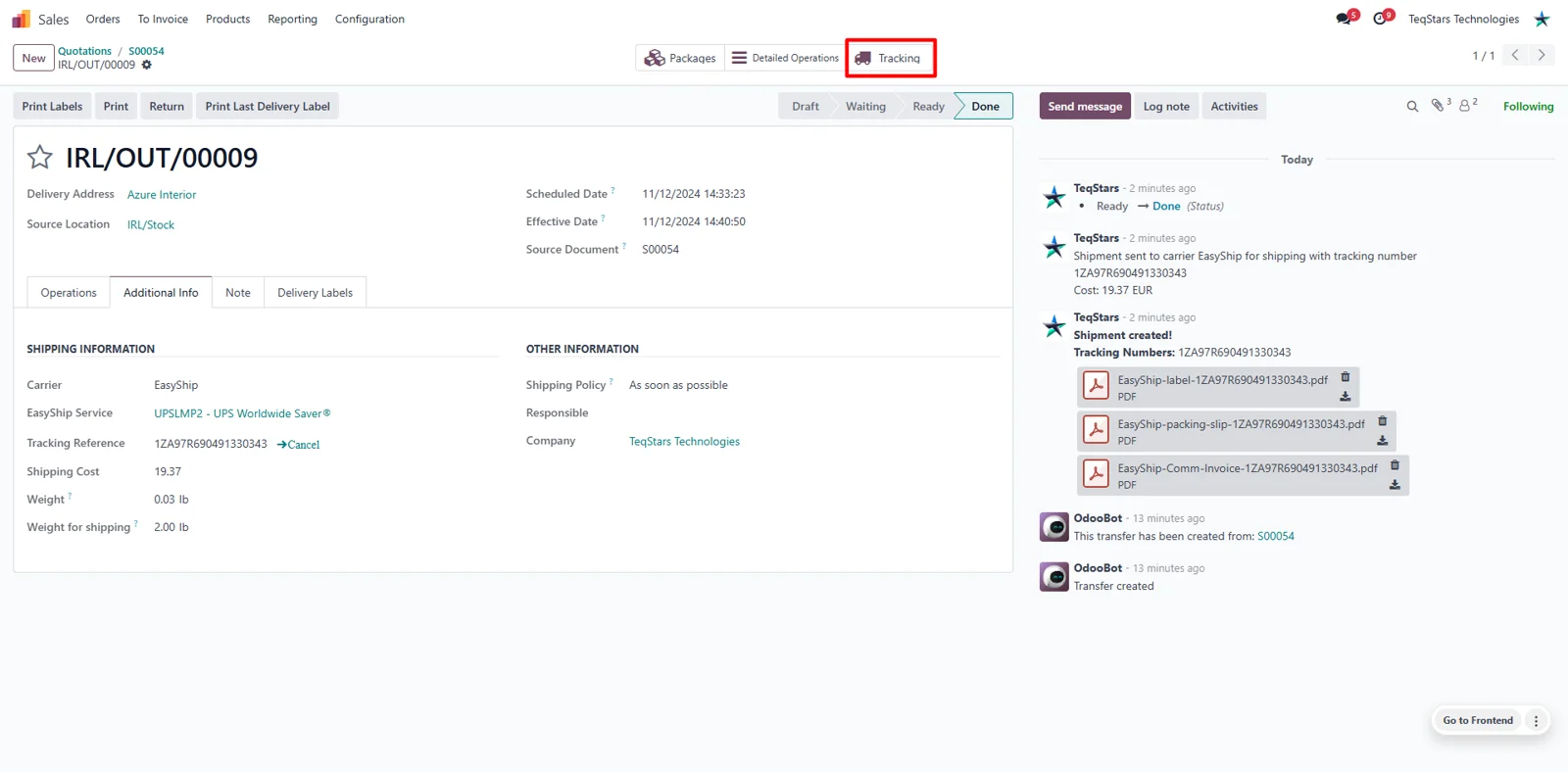 Odoo delivery order showing Easyship shipment tracking status and parcel location