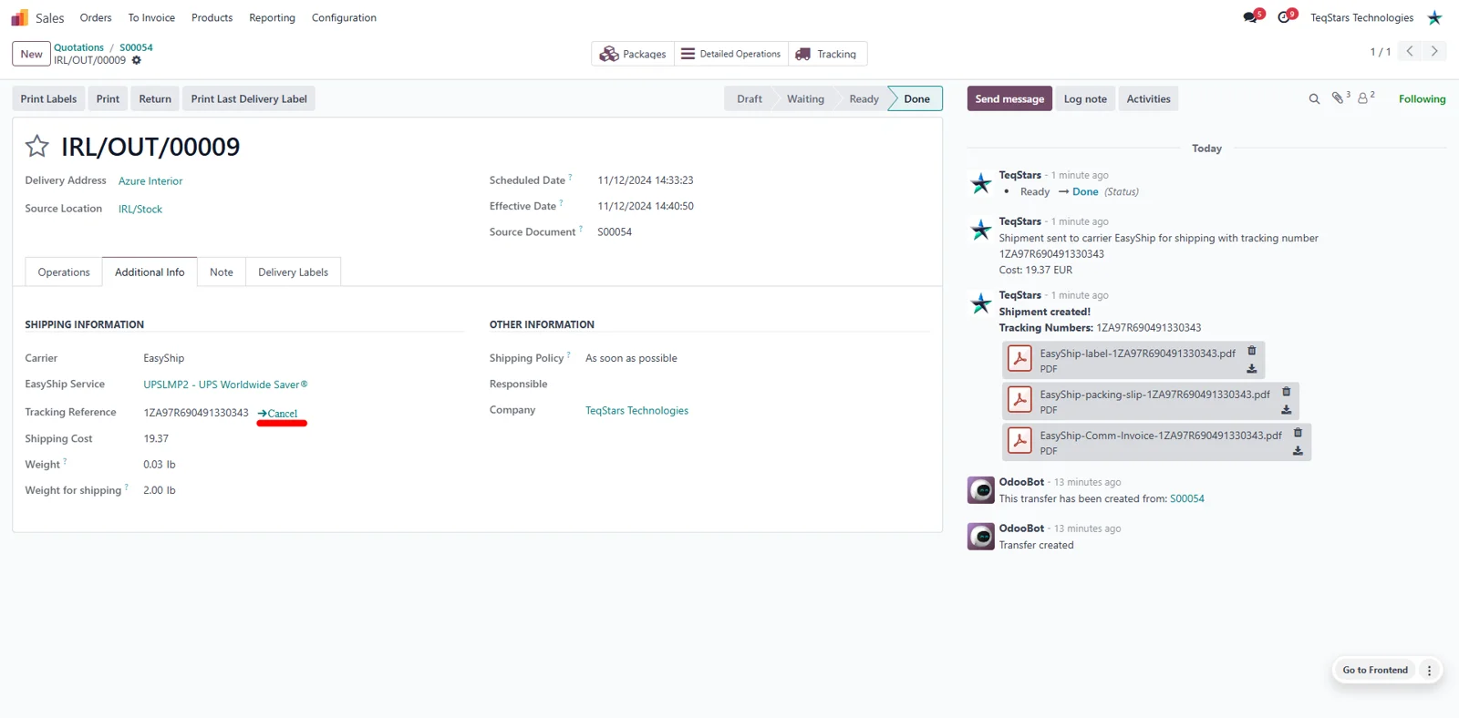 Odoo delivery order with the Easyship cancel shipment action used to stop a booked shipment