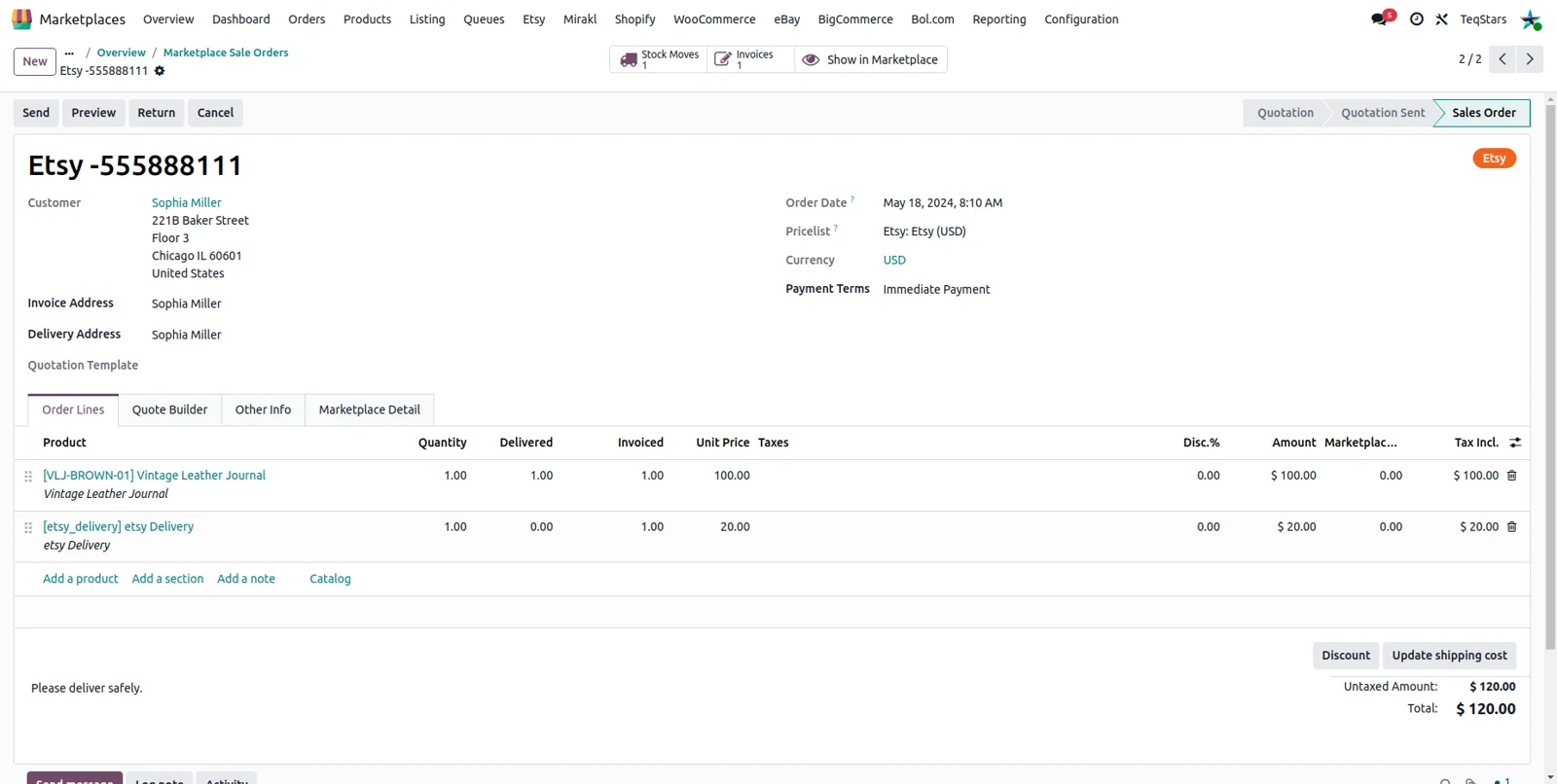 Etsy order imported into Odoo as a sales order with buyer details and order lines